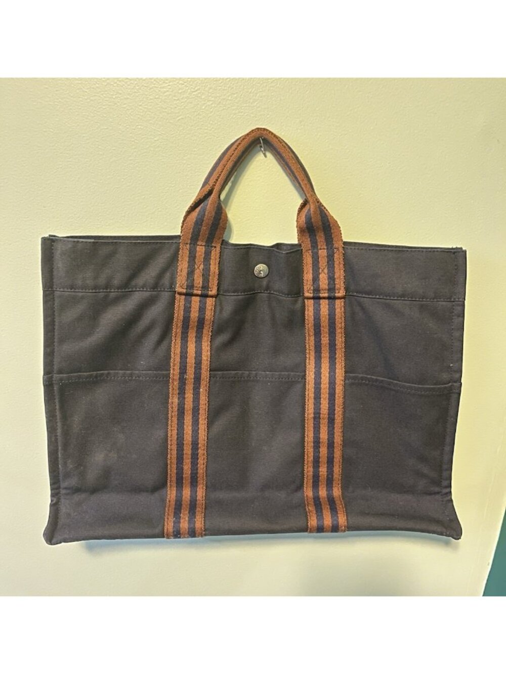 HERMÈS Fourre Tout MM Navy Brown Stripe Canvas Tote Bag France Authentic